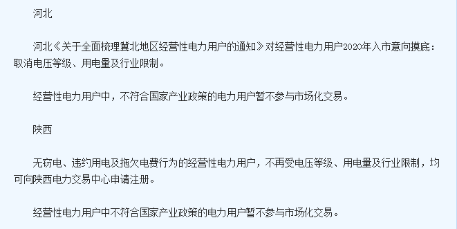 全國多個省市明年電力市場用戶準入要求一覽
